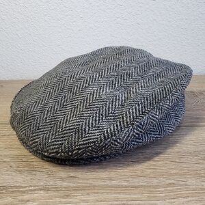 VINTAGE Wool Herringbone Flat Newsboy Cap Hat Snap Bill Made In USA